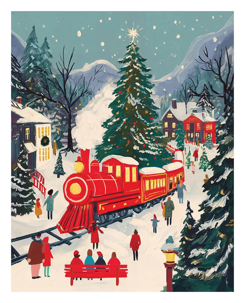 Finished North Pole Express puzzle artwork of a red train in a snowy village