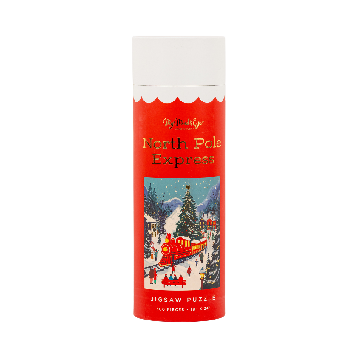 North Pole Express 500 piece Christmas train puzzle gift tube with gold foil