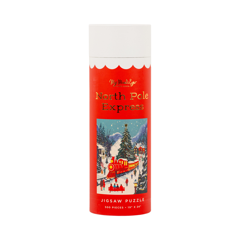 North Pole Express 500 piece Christmas train puzzle gift tube with gold foil