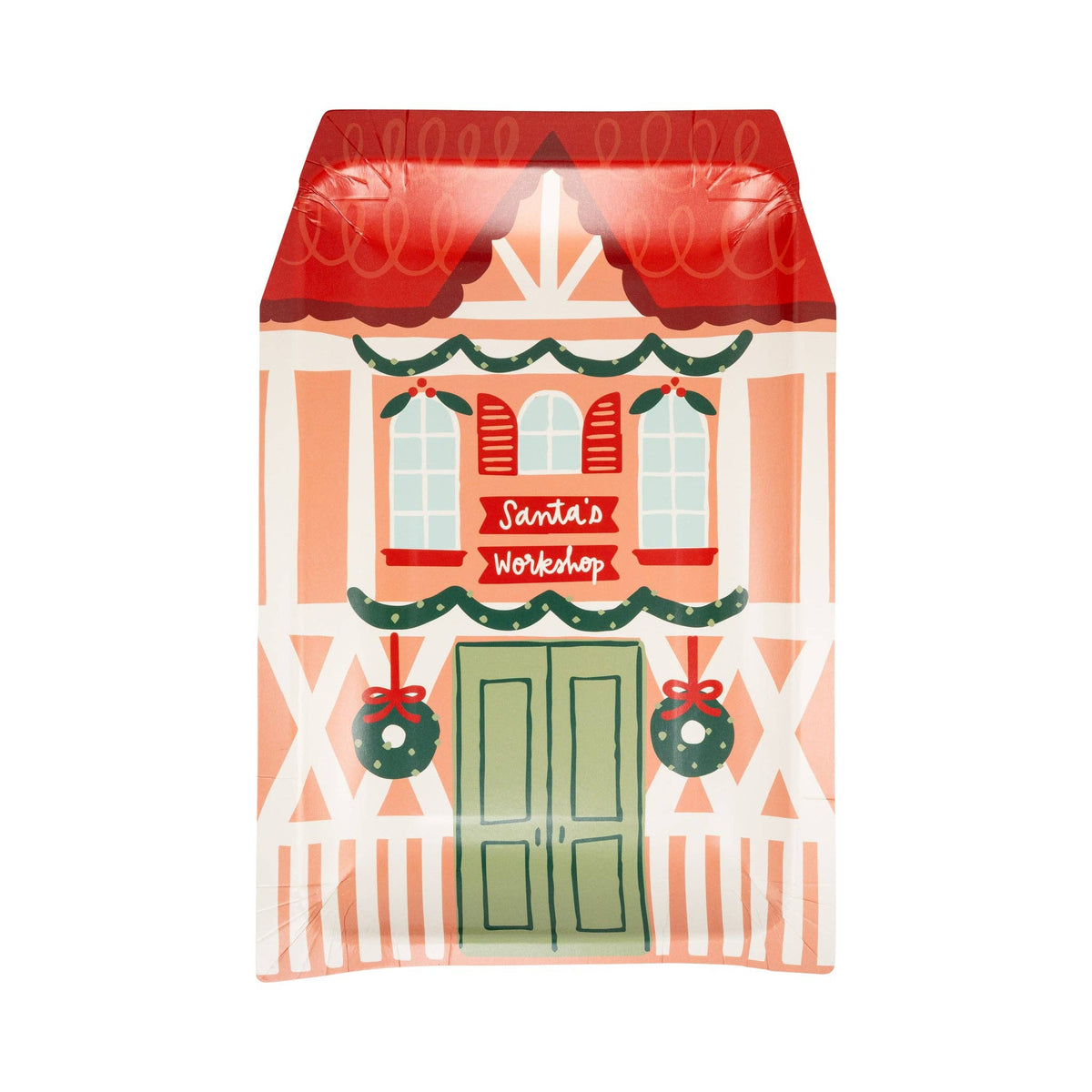 Close-up of Santa’s Workshop plate with green doors and red roof