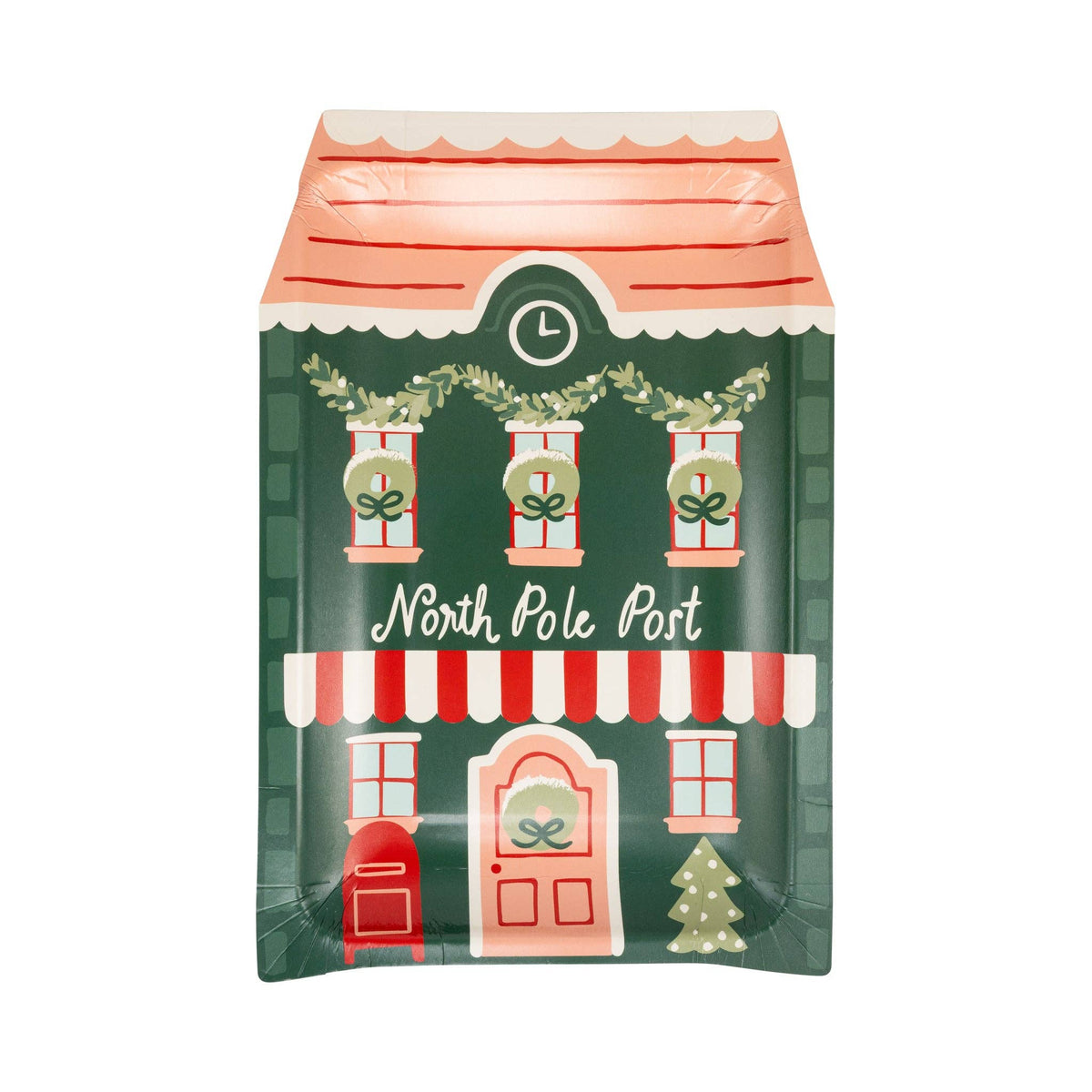North Pole Post plate with green and red design and holiday details
