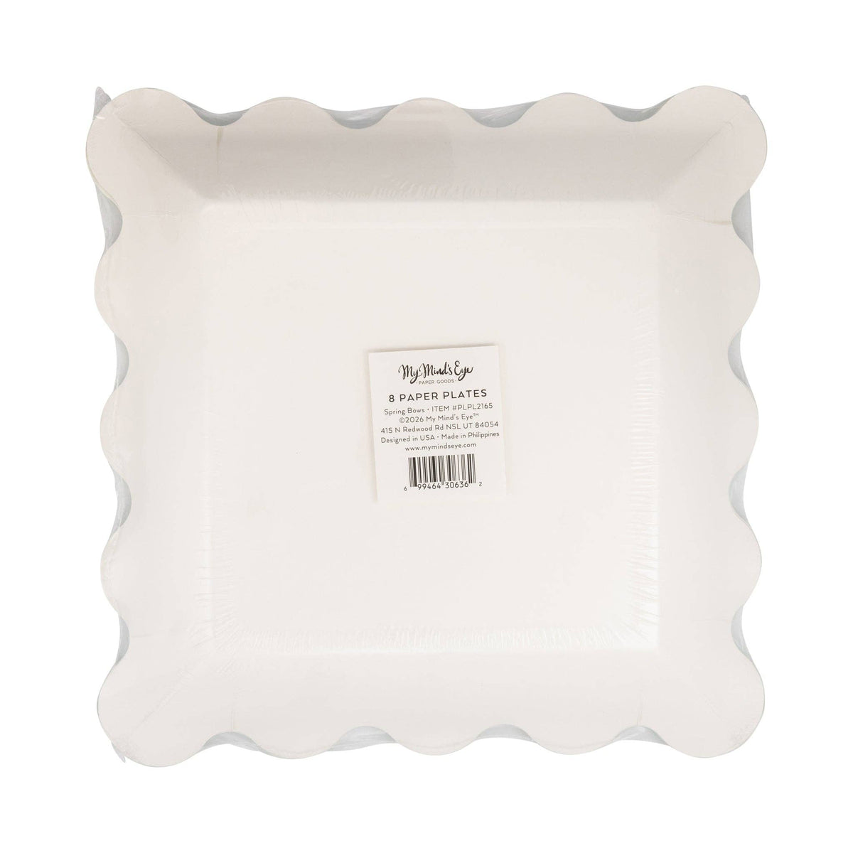 The back of the My Mind's Eye packaging for the 8 count set of charming bow adorned paper plates.