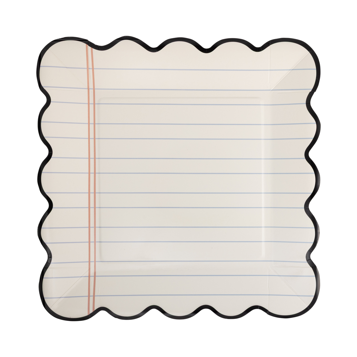 Single notebook paper scalloped plate from above showing 9" x 9" square shape, black scalloped edge, cream lined paper background, and pink margin line