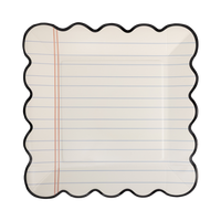 Single notebook paper scalloped plate from above showing 9" x 9" square shape, black scalloped edge, cream lined paper background, and pink margin line