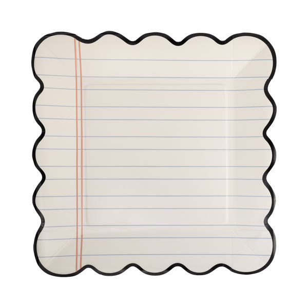 Single notebook paper scalloped plate from above showing 9" x 9" square shape, black scalloped edge, cream lined paper background, and pink margin line