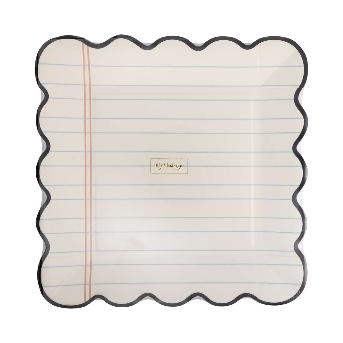 Front of notebook paper scalloped plate stack in clear packaging showing lined paper print, pink margin line, and black scalloped edge with gold foil My Mind's Eye logo