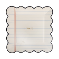 Front of notebook paper scalloped plate stack in clear packaging showing lined paper print, pink margin line, and black scalloped edge with gold foil My Mind's Eye logo