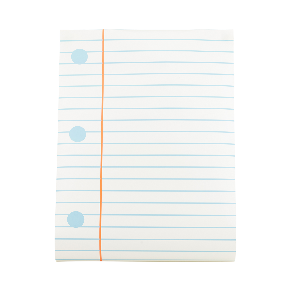 Close-up of notebook paper table runner showing cream background with pale blue ruled lines, orange margin, and three blue hole-punch dots