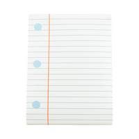 Close-up of notebook paper table runner showing cream background with pale blue ruled lines, orange margin, and three blue hole-punch dots