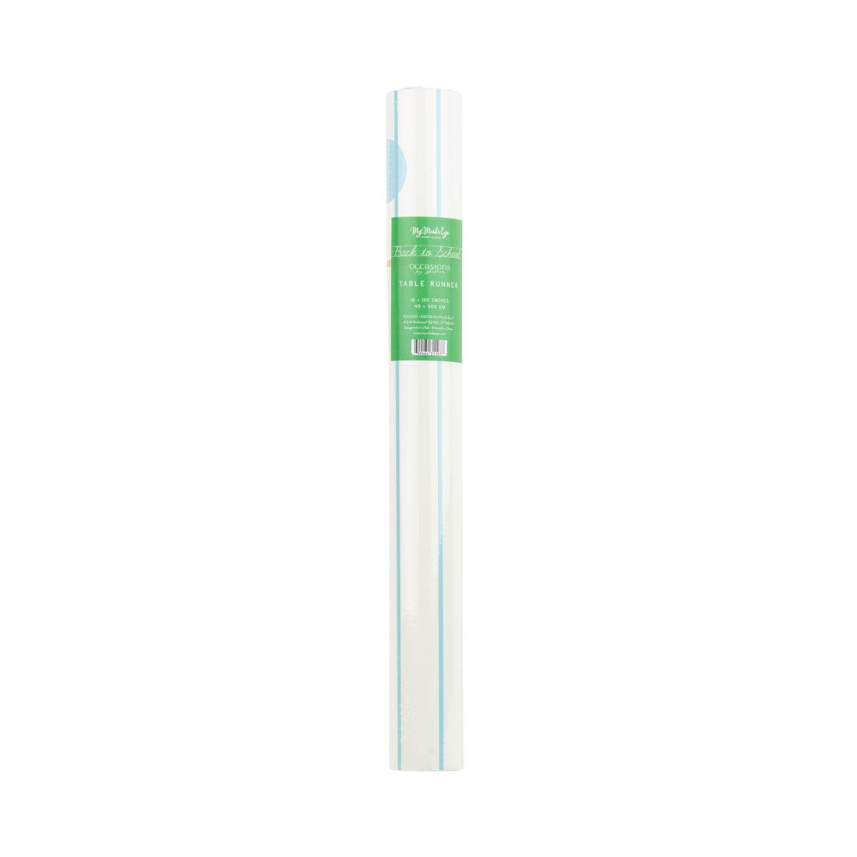 Notebook paper table runner rolled up in packaging showing cream paper with blue lines and product label