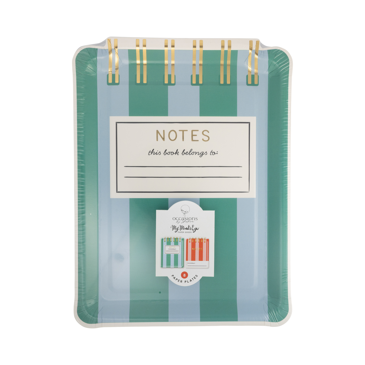Teal and blue striped notebook shaped paper plate with gold foil spiral binding detail and gold foil "NOTES" title