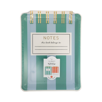 Teal and blue striped notebook shaped paper plate with gold foil spiral binding detail and gold foil "NOTES" title