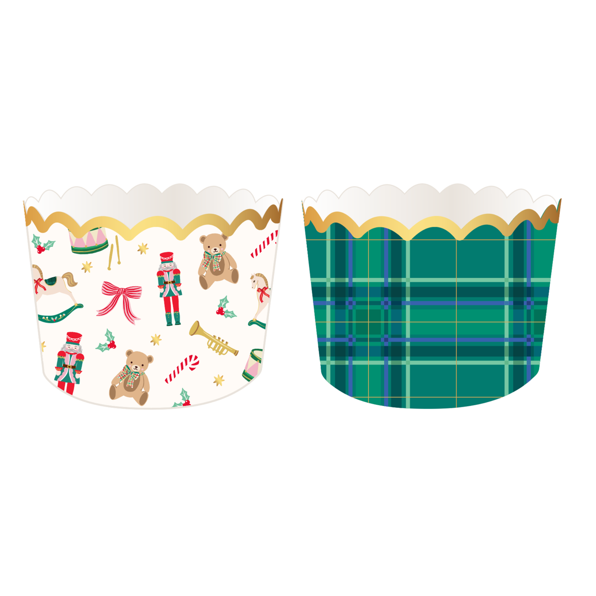 Two Christmas baking cups, one with a nutcracker toy print and one in green plaid, both with gold foil scalloped rims