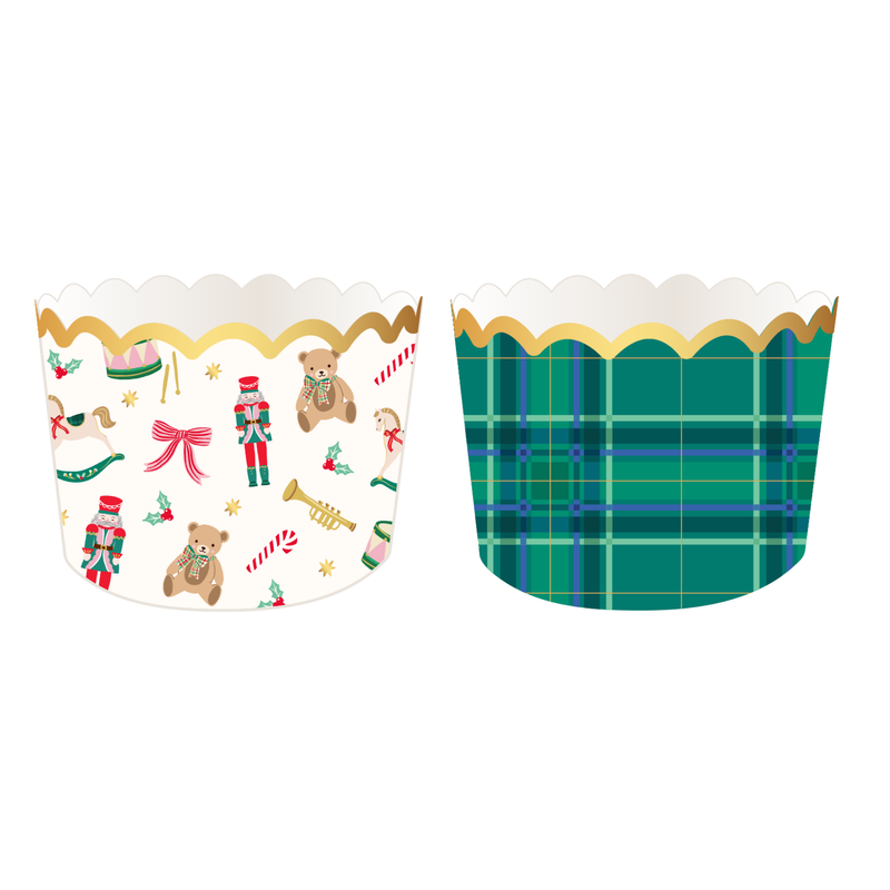 Two Christmas baking cups, one with a nutcracker toy print and one in green plaid, both with gold foil scalloped rims