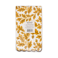 Back side of a pack of paper napkins with yellow and brown leaf pattern on a transparent packaging with My Mind's Eye label