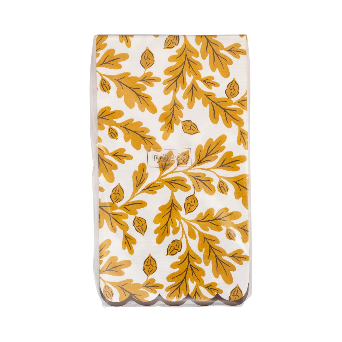 Stack of 24 oak leaf dinner napkins on a clear packaging, front view.