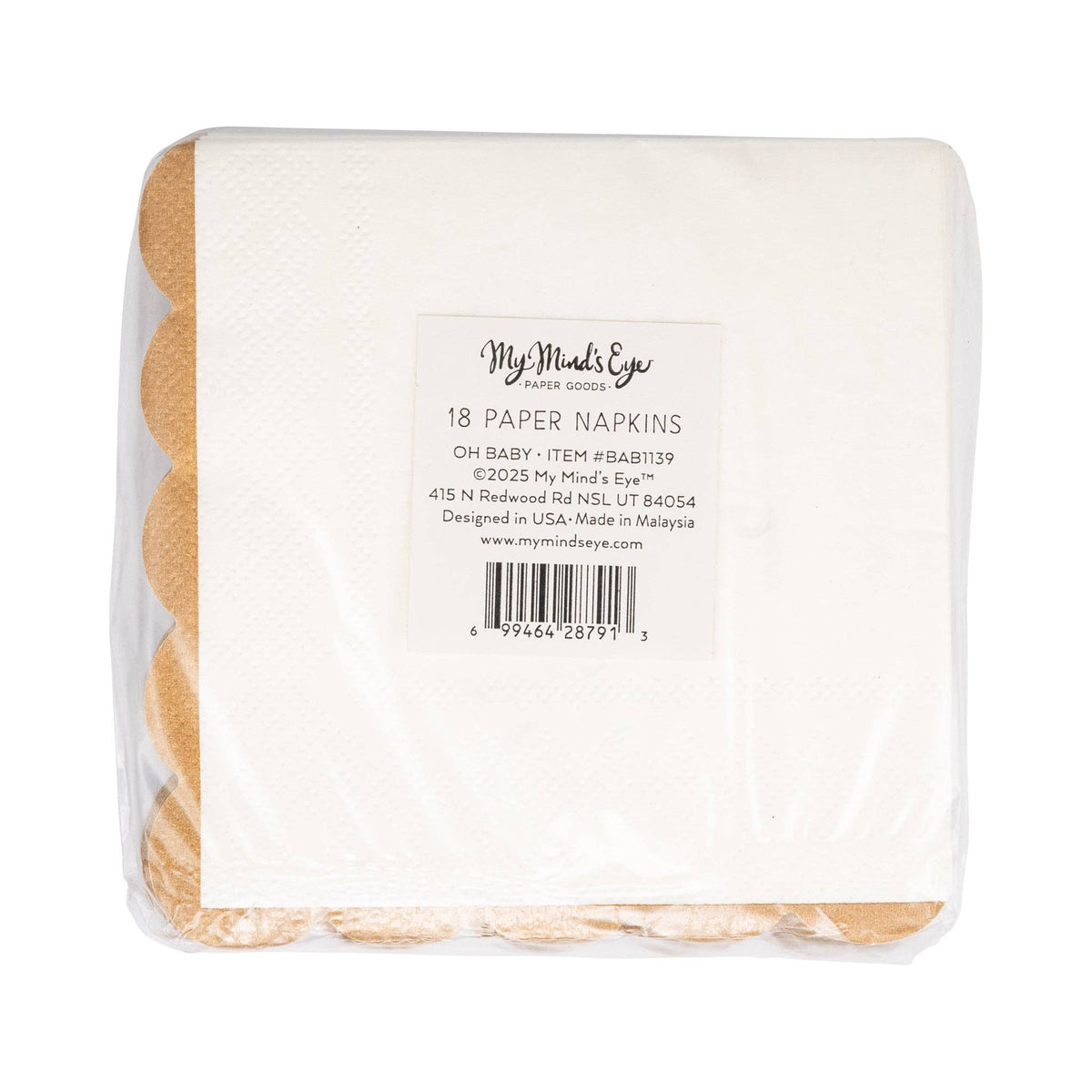 Back of Oh Baby gold and tan paper cocktail napkins package