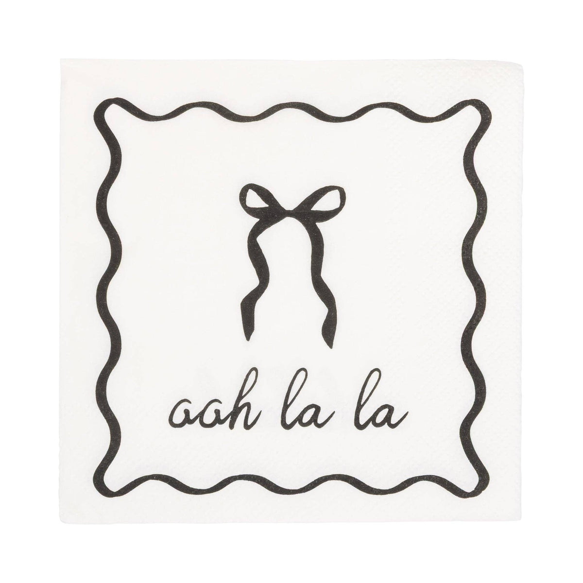 Cream cocktail napkin with black bow and “ooh la la” text.