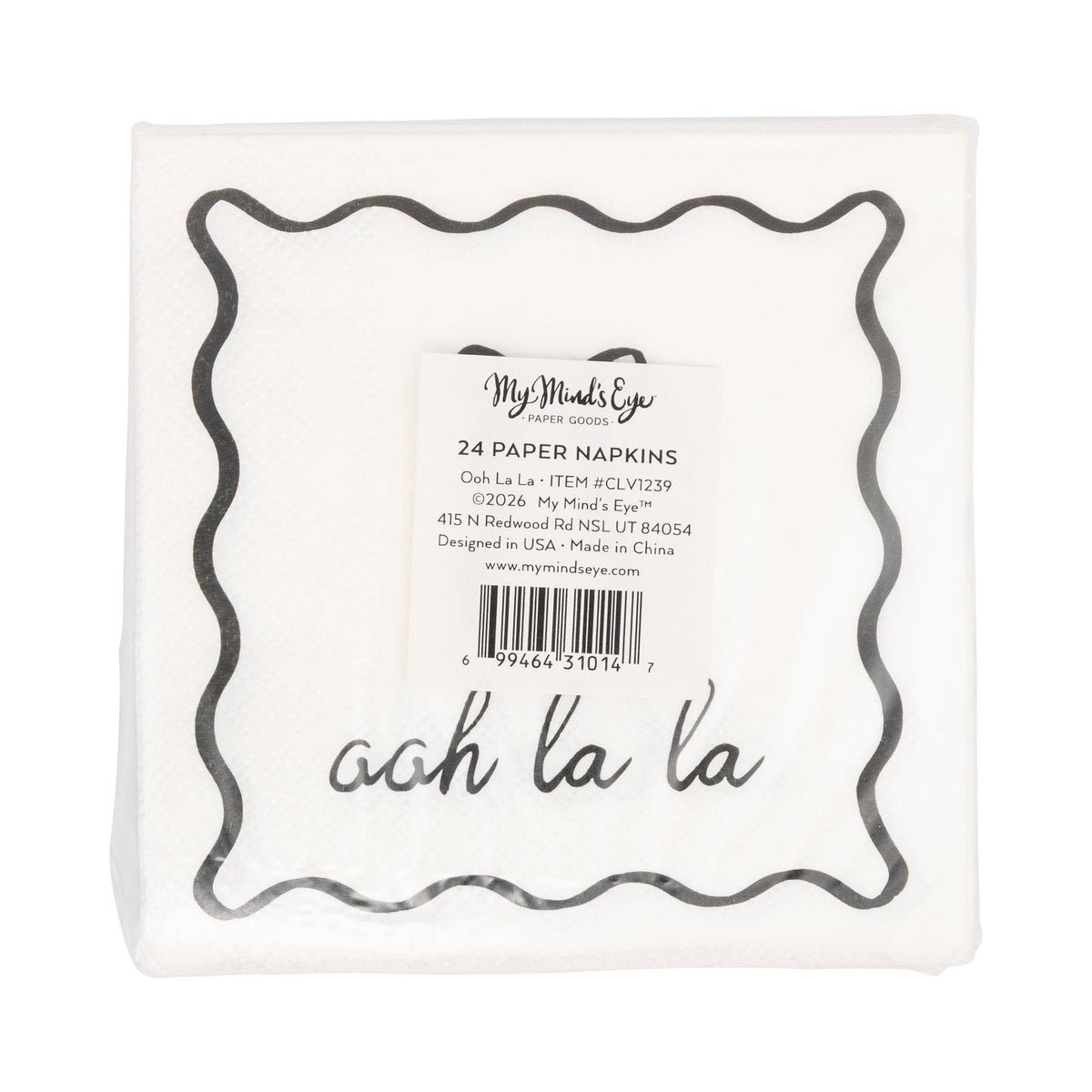 Back view of packaged Oh La La napkin set with product label.