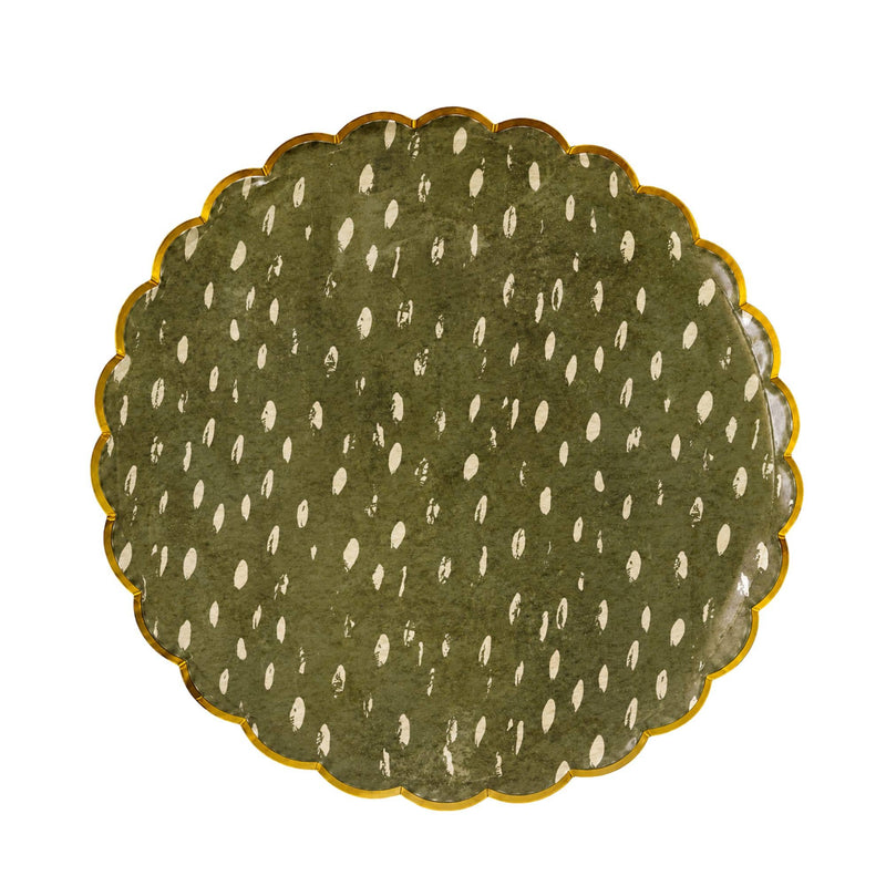 Round olive green plate with a cream dapple-dot pattern and a gold scalloped edge on a plain background.