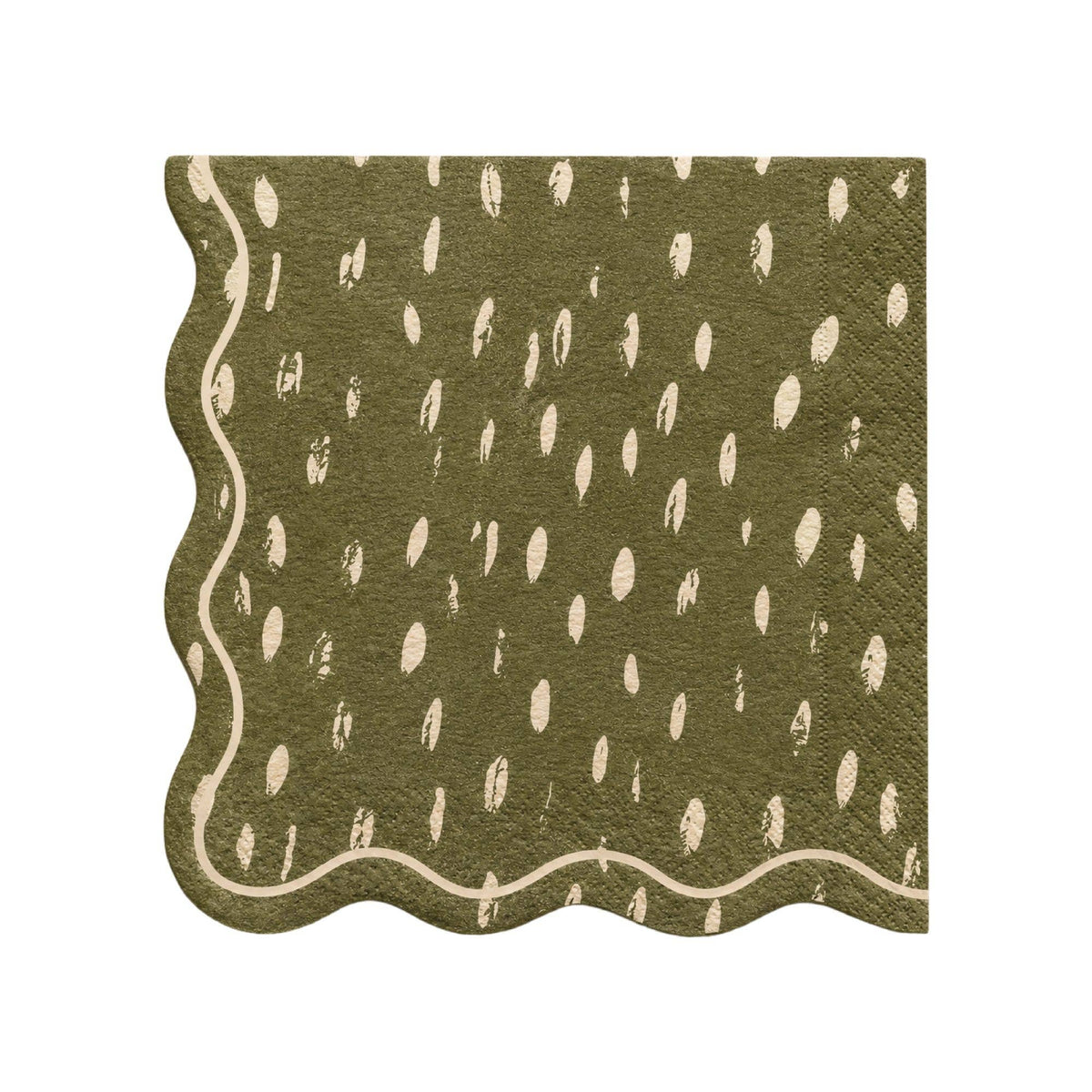 Olive green dapple-dot lunch napkin with a cream wavy scalloped edge.