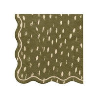 Olive green dapple-dot lunch napkin with a cream wavy scalloped edge.