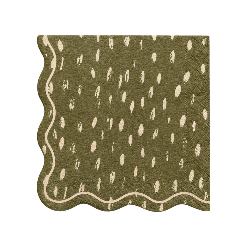 Olive green dapple-dot lunch napkin with a cream wavy scalloped edge.