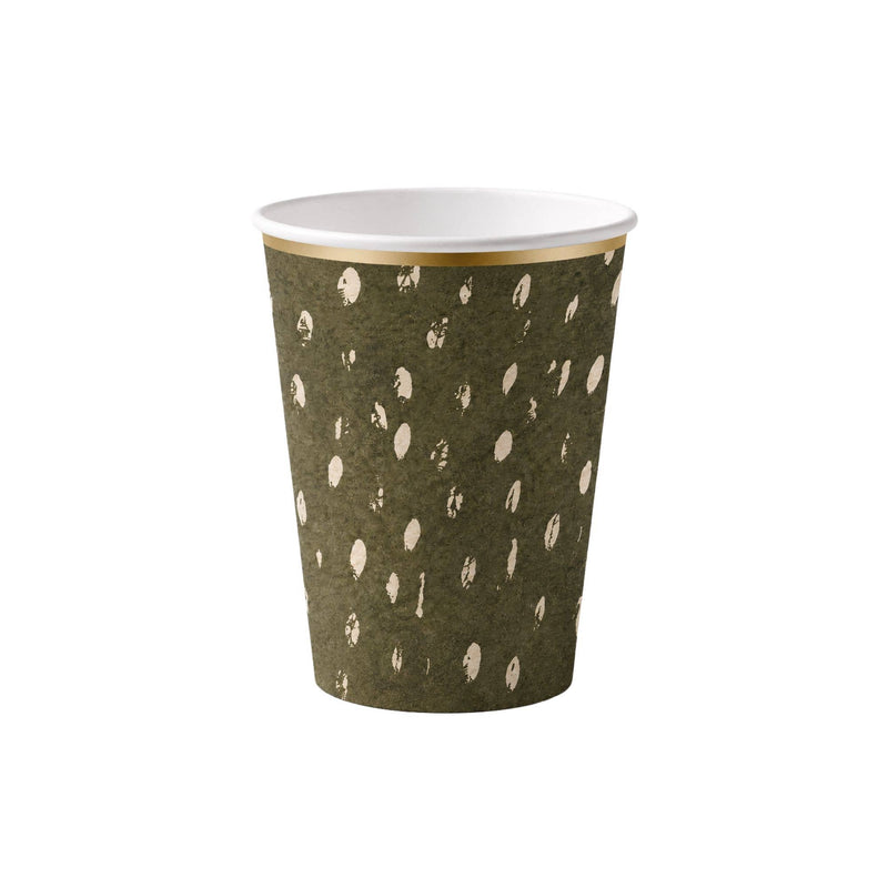 Single olive green paper cup with a cream dapple-dot pattern and a gold rim.