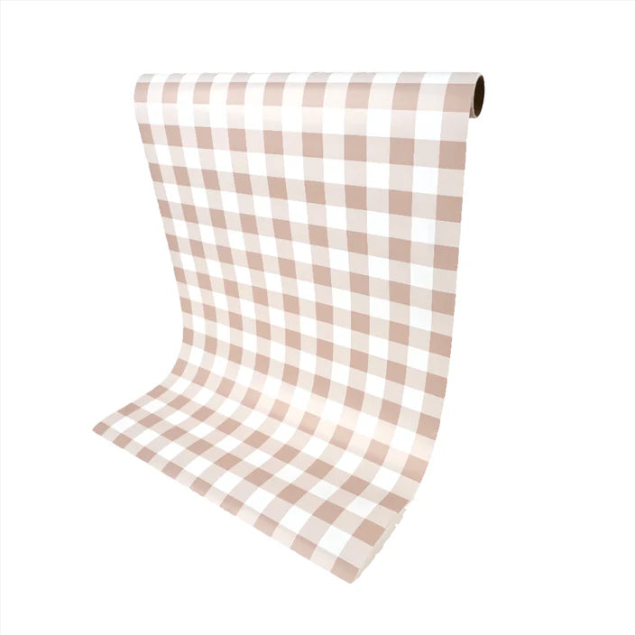 Brown gingham paper runner draped from the roll to highlight length and trim-to-fit use.