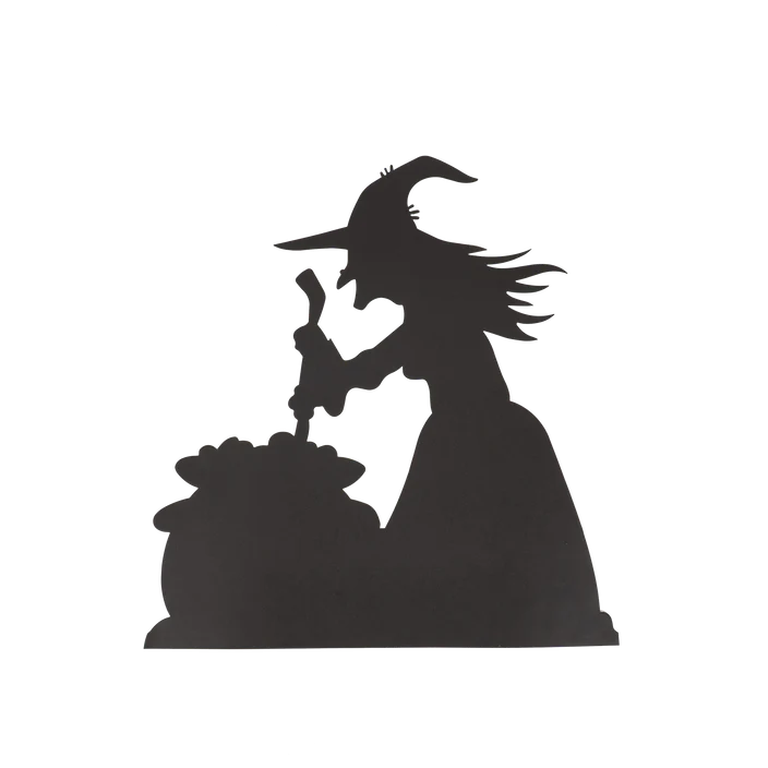 Product image of the black witch stirring a cauldron paper placemat on a white background.