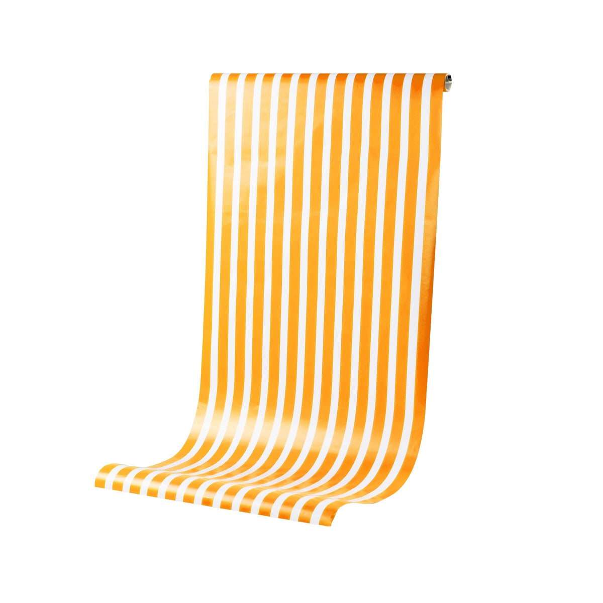 Rolled orange and white striped paper table runner standing upright, partially unrolled against a clean white background to show the graphic vertical pattern.
