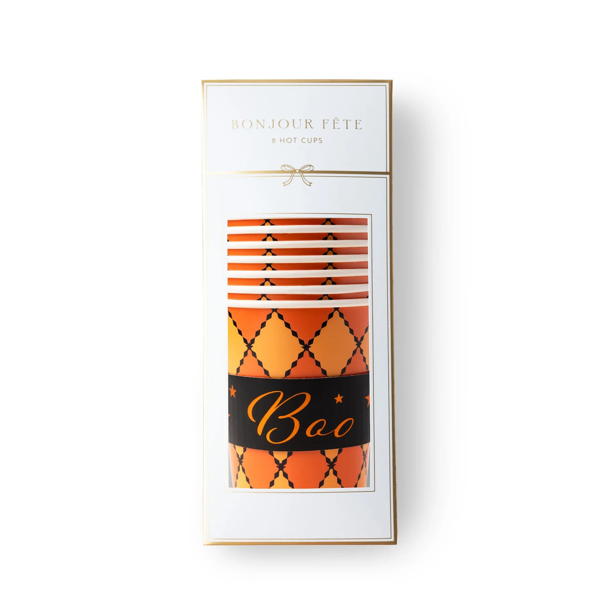 Pack of 8 orange argyle Boo paper hot cups in a white gift box with a window, front view