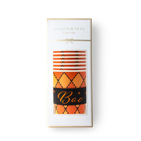 Pack of 8 orange argyle Boo paper hot cups in a white gift box with a window, front view