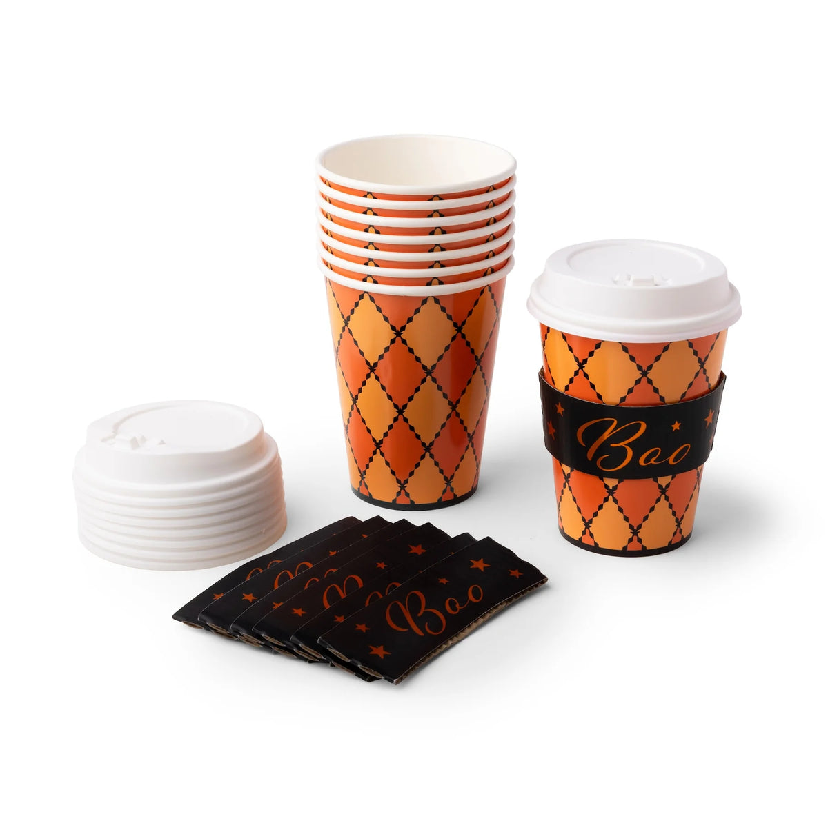 Orange argyle paper hot cups shown with white lids and black Boo cup sleeves laid out separately
