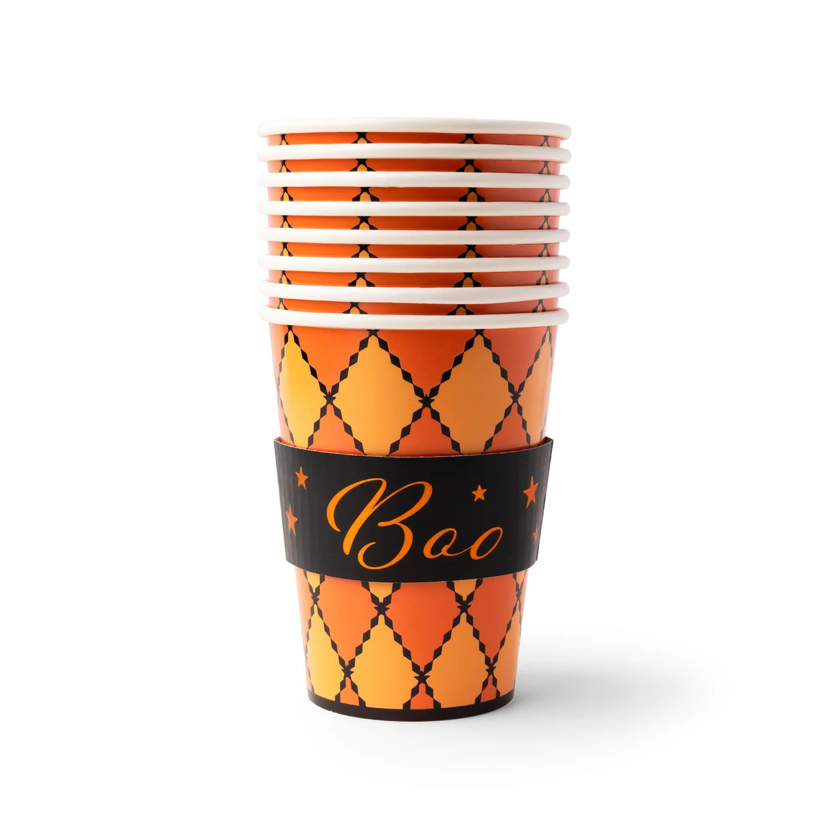 Stack of 8 orange argyle paper hot cups wrapped in a black sleeve with orange Boo script and stars