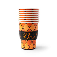 Stack of 8 orange argyle paper hot cups wrapped in a black sleeve with orange Boo script and stars