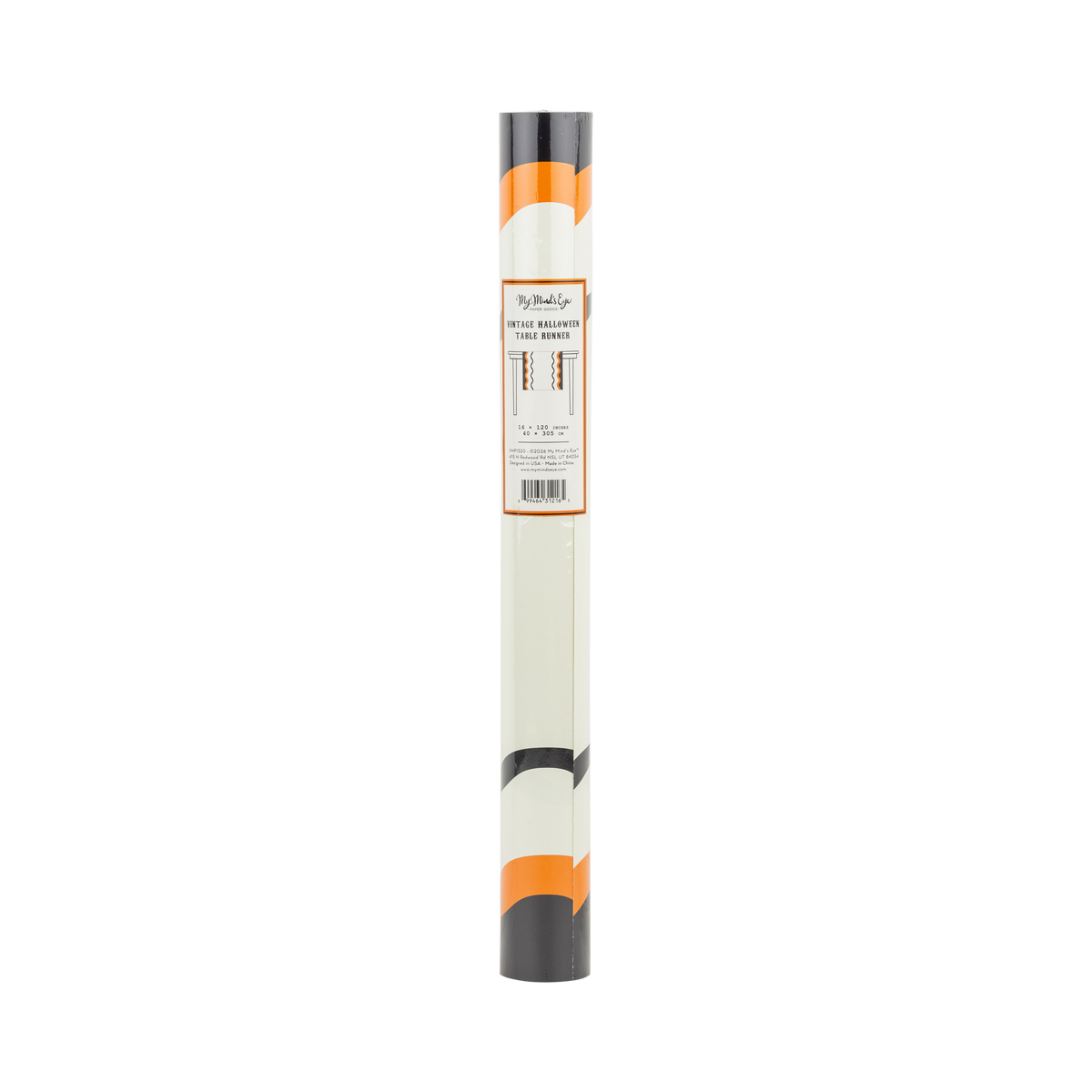 Roll of paper with a black, orange, and white design table runner.