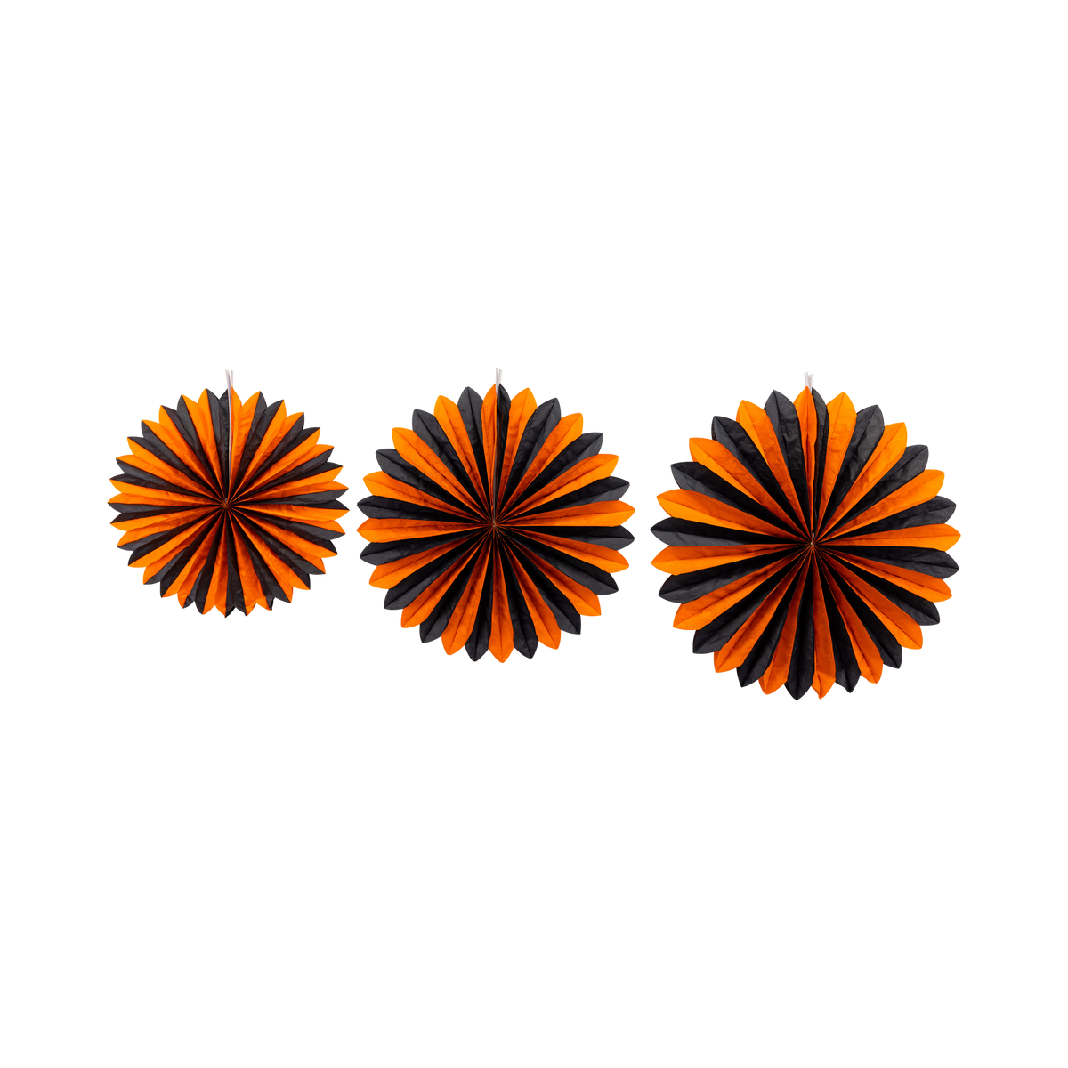 Set of 3 orange and black tissue fans in graduated sizes, fanned open on a white background.