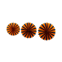 Set of 3 orange and black tissue fans in graduated sizes, fanned open on a white background.
