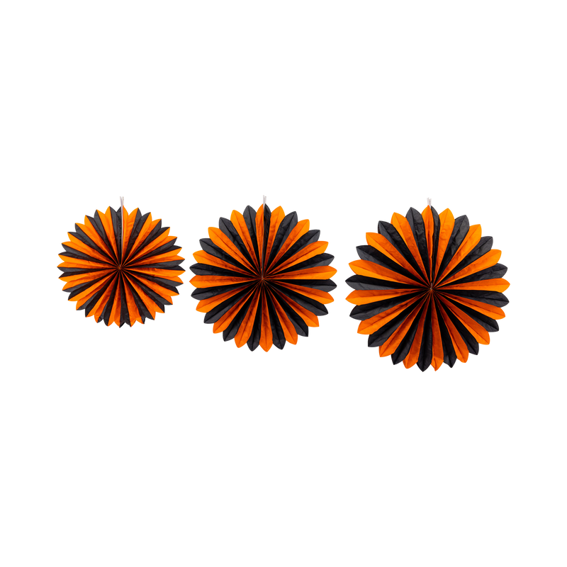 Set of 3 orange and black tissue fans in graduated sizes, fanned open on a white background.