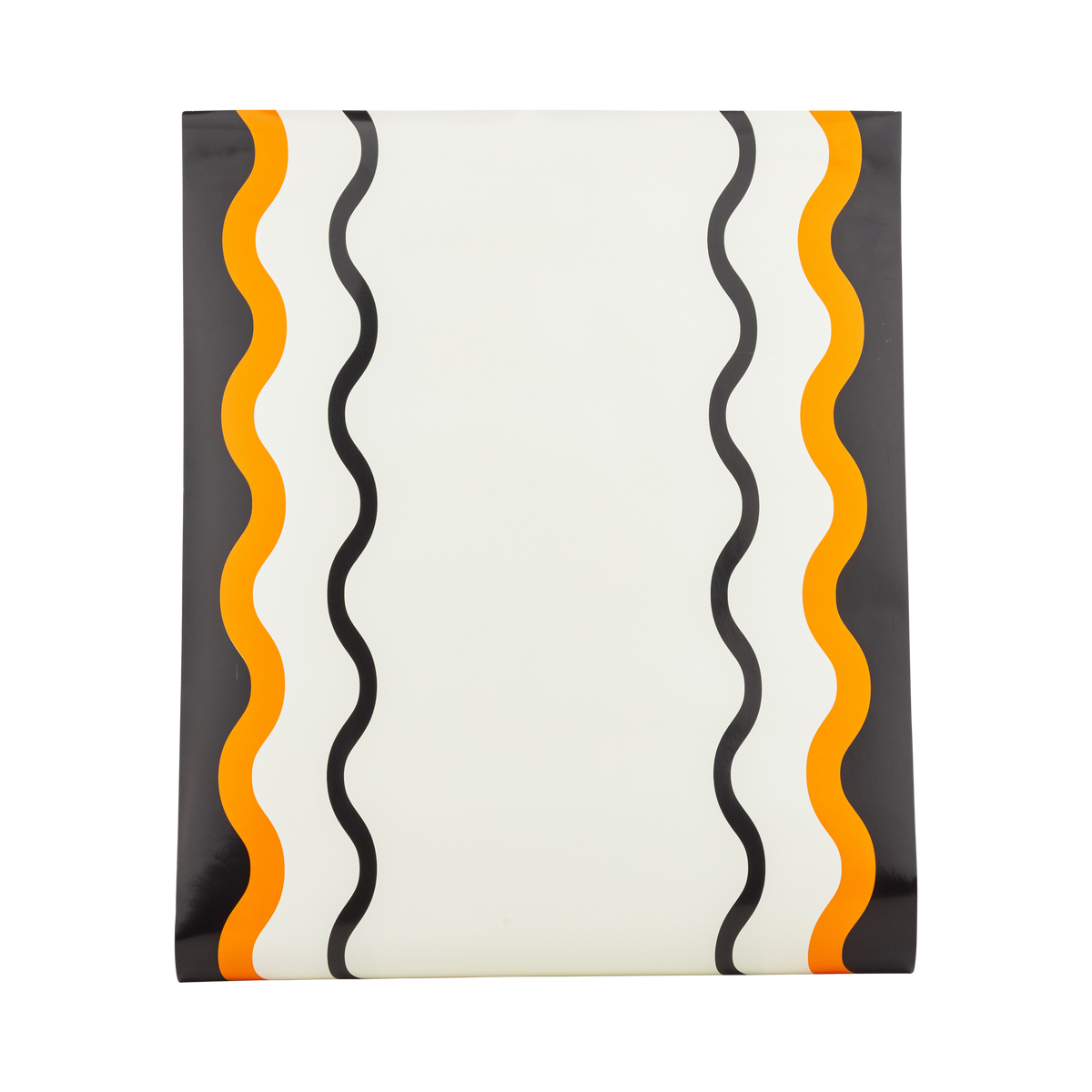 Orange, black, and cream ric-rac stripe paper table runner, shown flat to display the pattern.