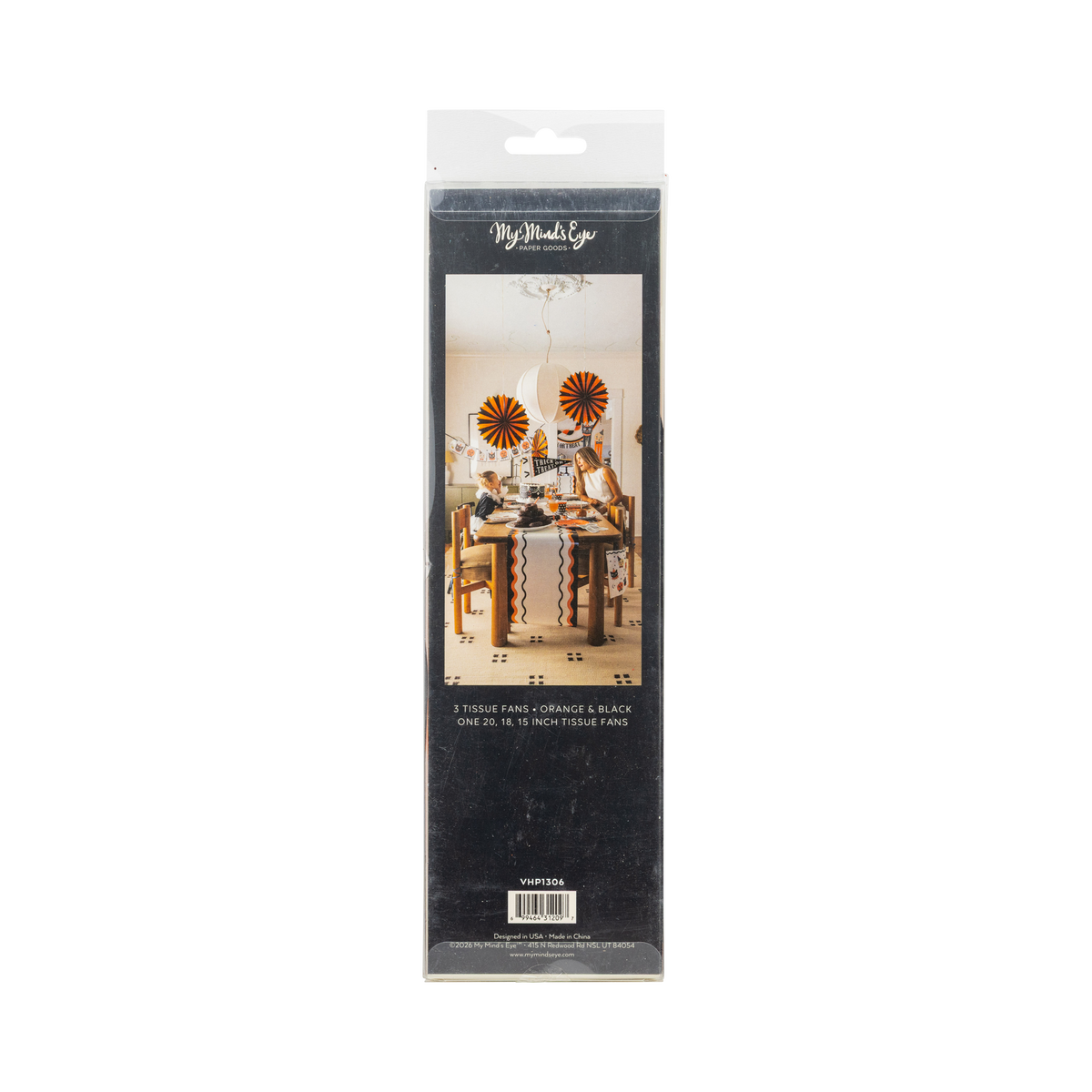 Packaged product with decorative fans on a clear packaging, back view.