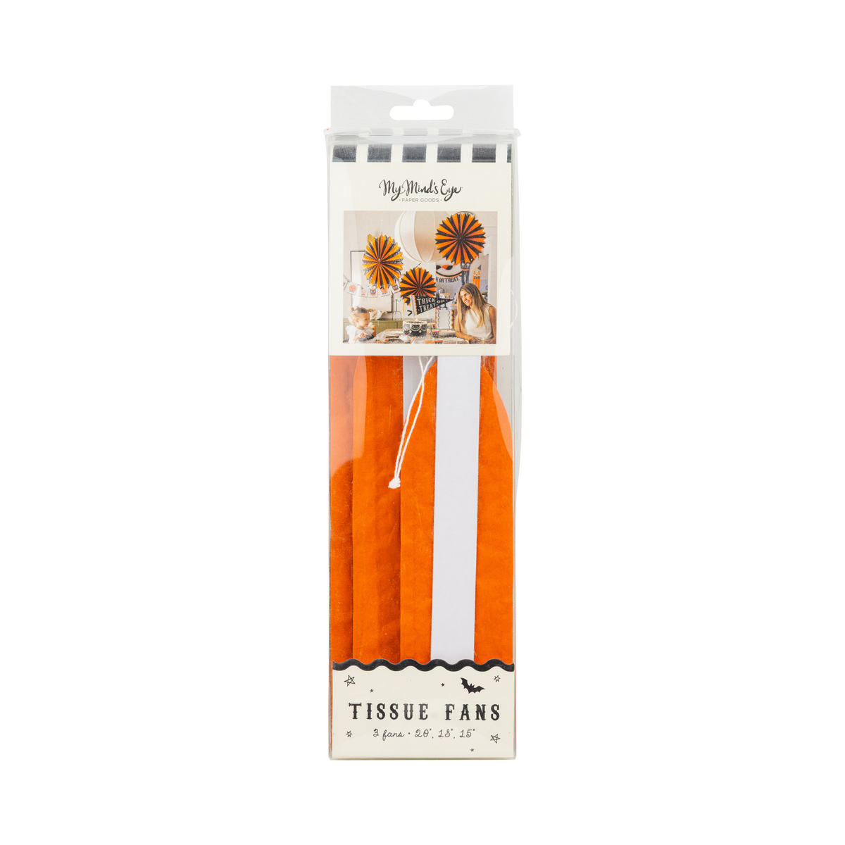 Packaged tissue fans with orange and white design, front view.