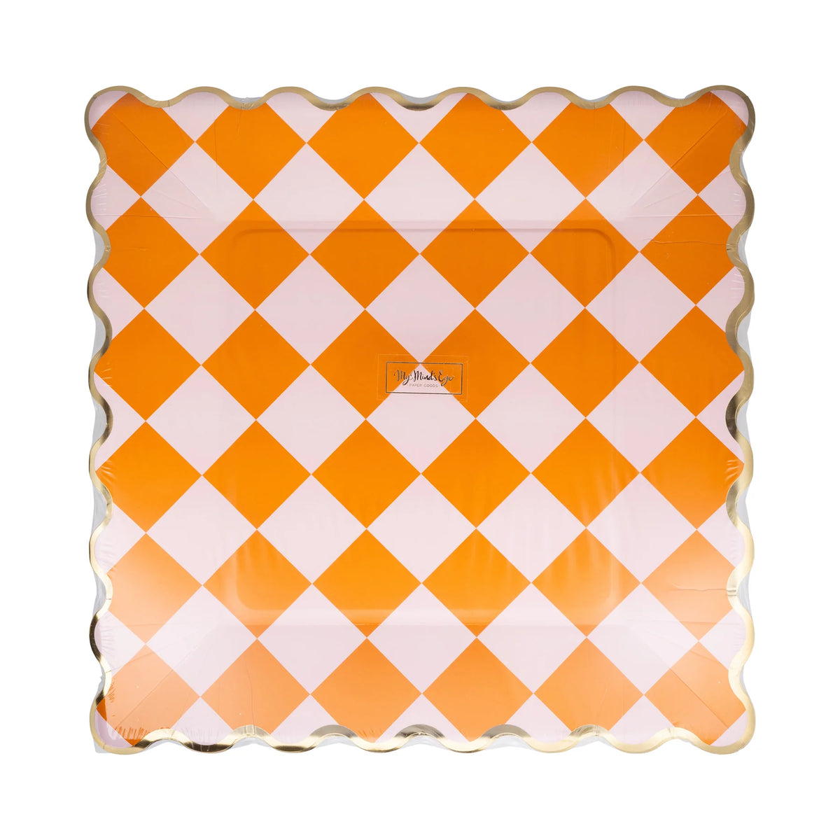Shrink-wrapped set of eight 11-inch square Halloween paper plates featuring retro orange-and-pink checkered pattern and metallic gold scalloped rim, shown in retail packaging front view.