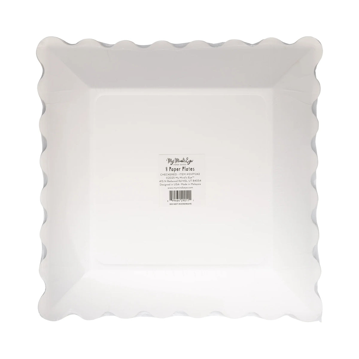 Back of retail pack for groovy Halloween checkered dinner plates, displaying barcode and product label on white reverse side of scalloped square plate bundle.