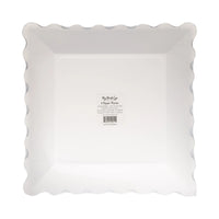 Back of retail pack for groovy Halloween checkered dinner plates, displaying barcode and product label on white reverse side of scalloped square plate bundle.