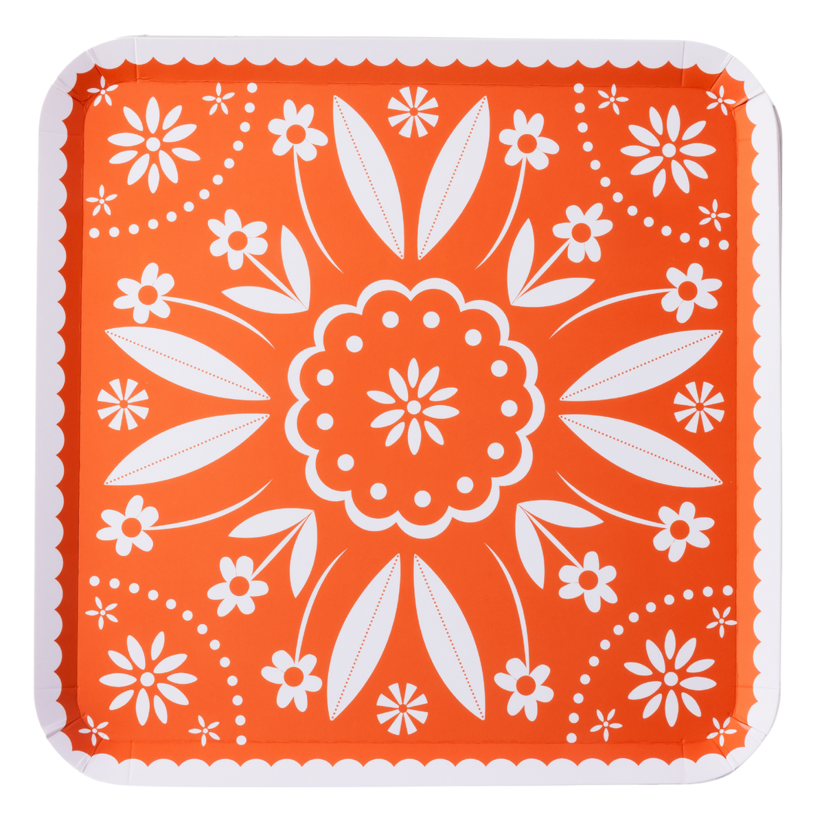 bright orange fiesta paper plate with bold floral folk pattern
