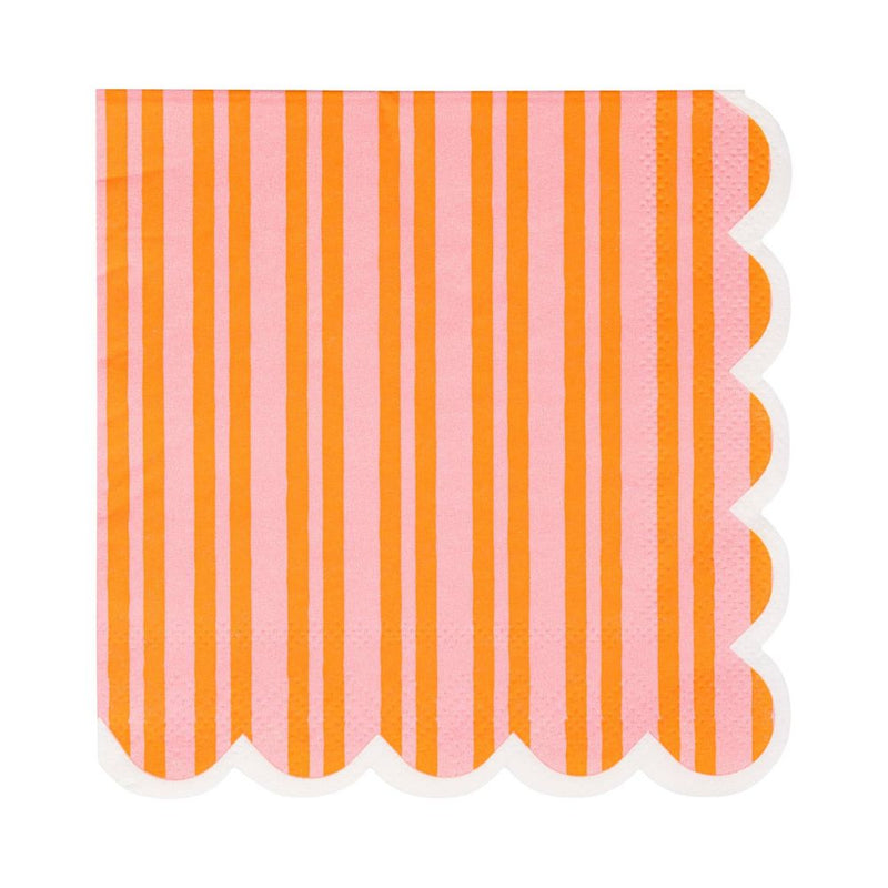 Orange and pink striped cocktail napkin with scalloped white edge.
