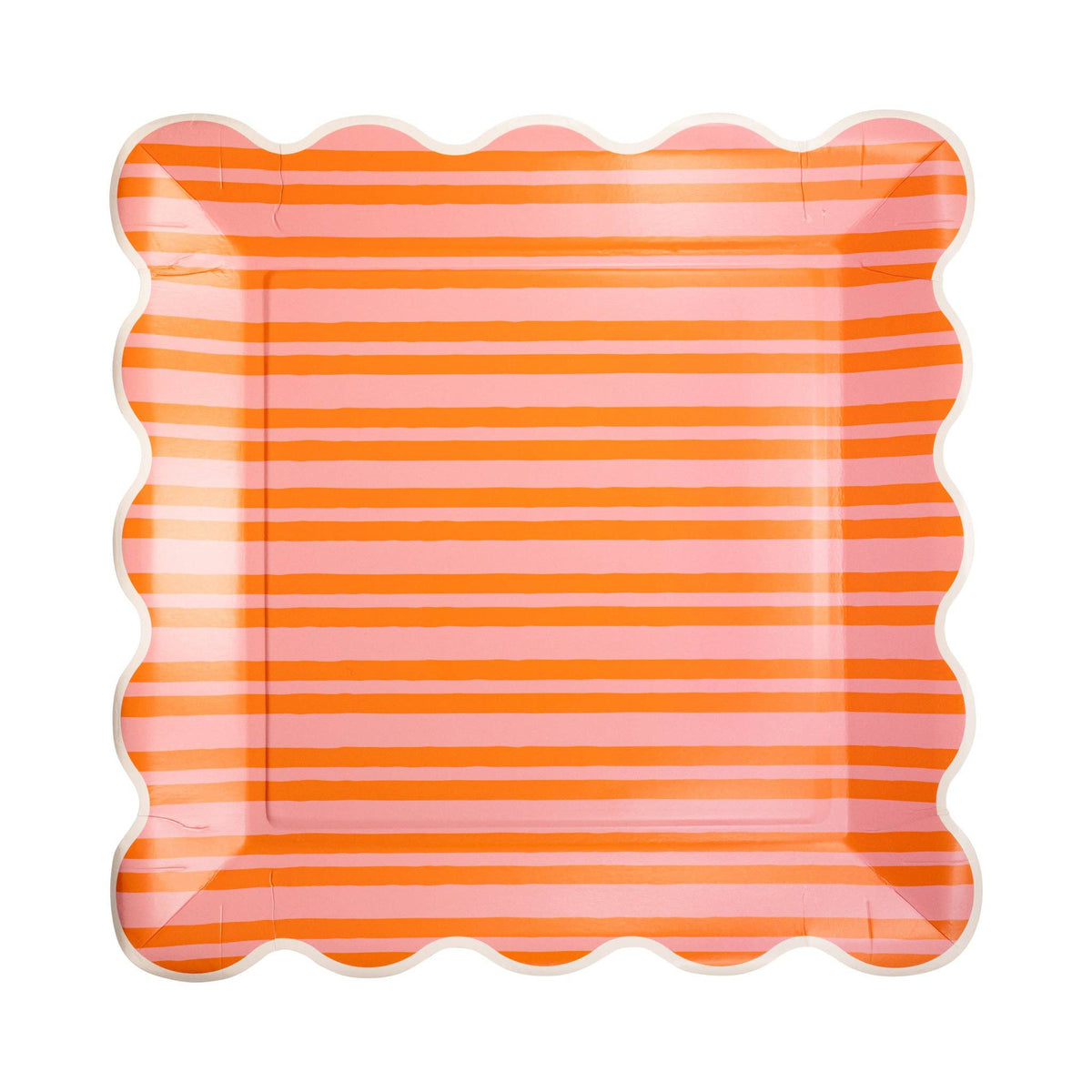 Orange and pink striped scalloped paper plate.
