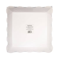 Back of orange and pink striped paper plate packaging showing product label.